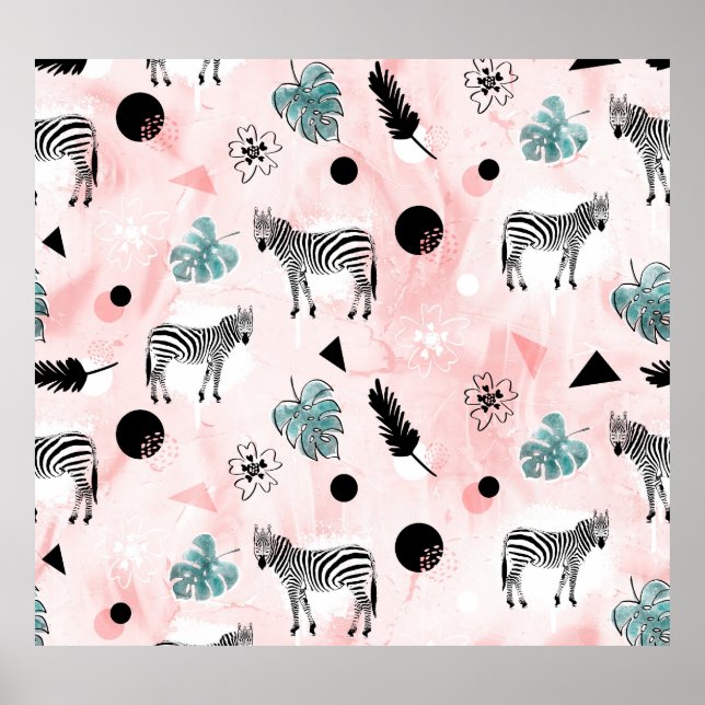 Tropical Leaves Zebras Tie-Dye Pattern Poster (Front)