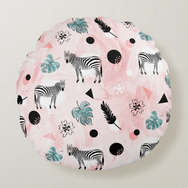 Tropical Leaves Zebras Tie-Dye Pattern Round Cushion (Front)