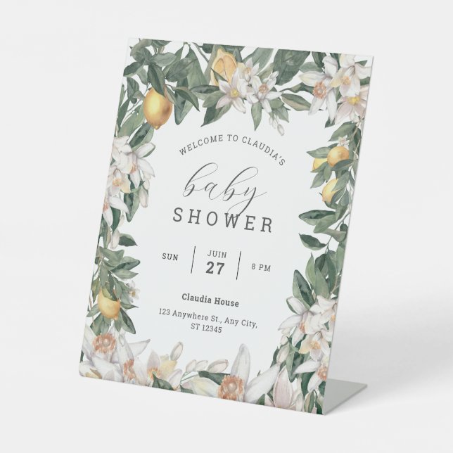 Tropical Lemon Citrus Baby Shower Watercolor Pedes Pedestal Sign (Front)