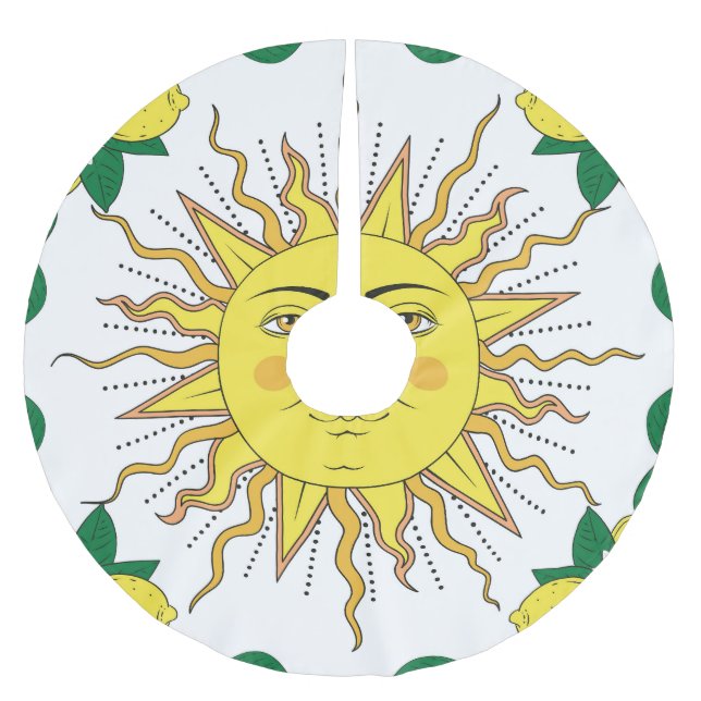 Tropical Lemon Fruits, Sun Face. Brushed Polyester Tree Skirt (Front)