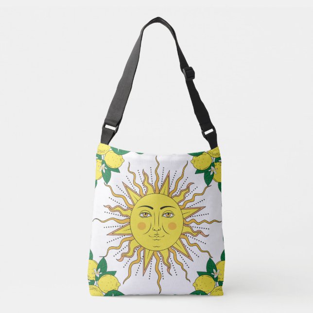 Tropical Lemon Fruits, Sun Face. Crossbody Bag (Front)