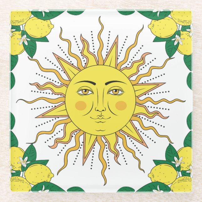 Tropical Lemon Fruits, Sun Face. Glass Coaster (Front)