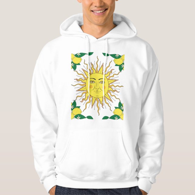 Tropical Lemon Fruits, Sun Face. Hoodie (Front)