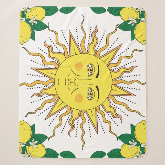 Tropical Lemon Fruits, Sun Face. Sherpa Blanket (Front)