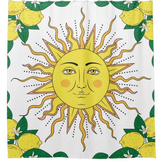 Tropical Lemon Fruits, Sun Face. Shower Curtain (Front)