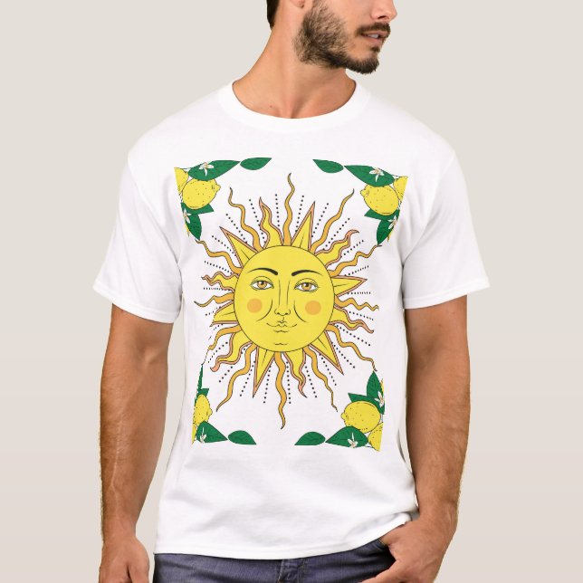 Tropical Lemon Fruits, Sun Face. T-Shirt (Front)