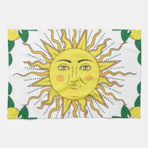 Tropical Lemon Fruits, Sun Face. Tea Towel