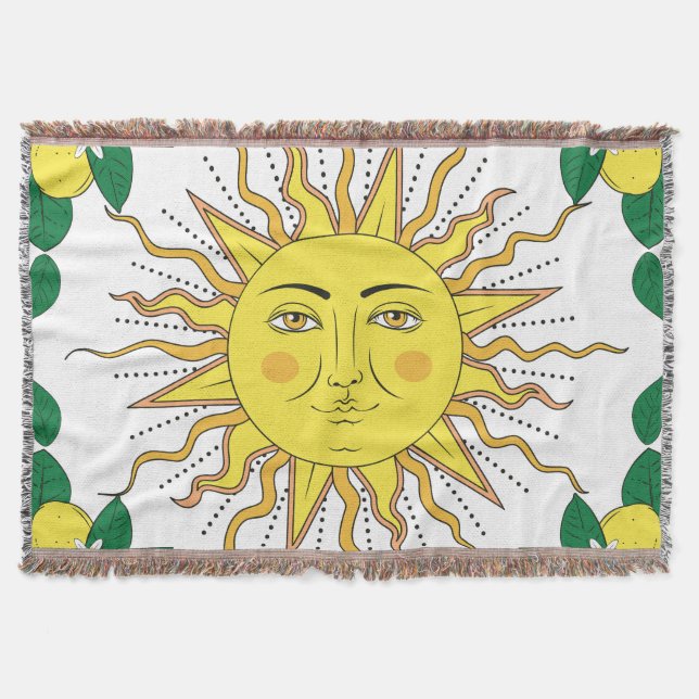 Tropical Lemon Fruits, Sun Face. Throw Blanket (Front)