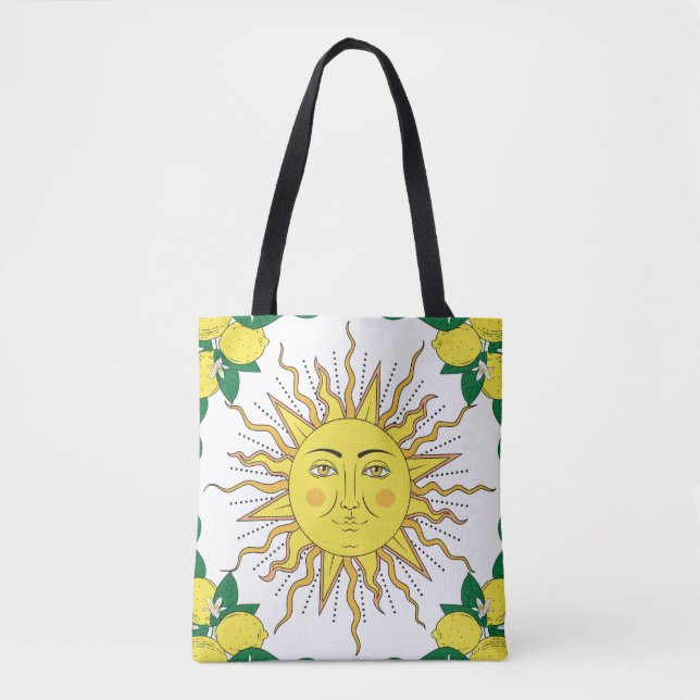 Tropical Lemon Fruits, Sun Face. Tote Bag (Front)