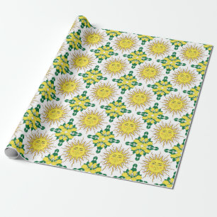 Tropical Lemon Fruits, Sun Face. Wrapping Paper