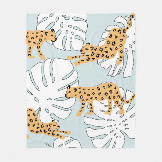 Tropical leopard animal and monstera palm leaves,e fleece blanket