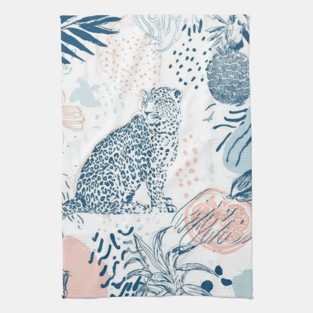 Tropical Leopard Blue Peach Abstract Tea Towel (Vertical)