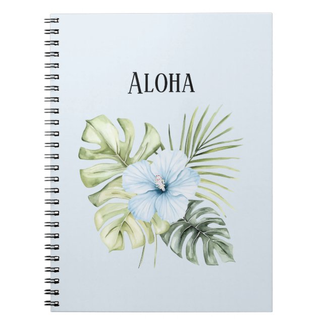 Tropical Light Blue Hibiscus Flower Leaves Aloha Notebook (Front)