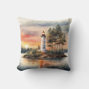 "Tropical Lighthouse at Sunset – Watercolor Digita Cushion