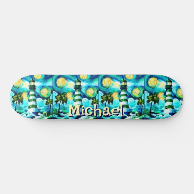 Tropical Lighthouse Coastal Nautical Personalised Skateboard (Horz)