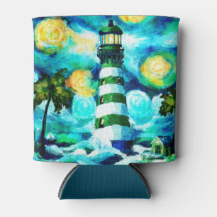 Tropical Lighthouse Palm Trees Coastal Nautical Can Cooler