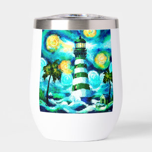 Tropical Lighthouse & Palm Trees Green Blue Teal