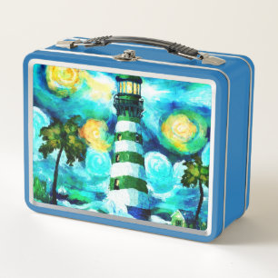 Tropical Lighthouse & Palm Trees Green Blue Teal Metal Lunch Box