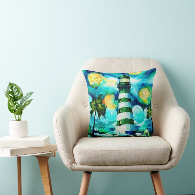Tropical Lighthouse & Palm Trees Impressionistic Cushion (Chair)