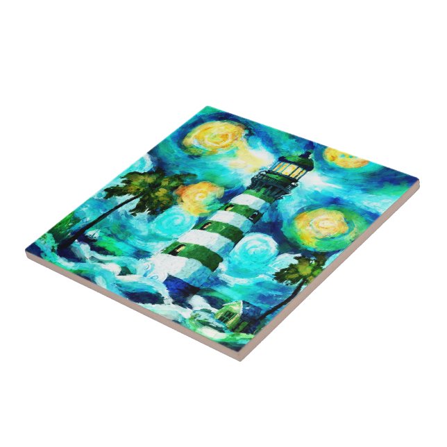 Tropical Lighthouse & Palm Trees Impressionistic Tile (Side)