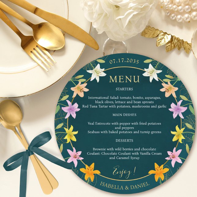 Tropical Lily Teal and Gold Round Wedding Menu (Tropical Lily Teal and Gold Round Wedding Menu)