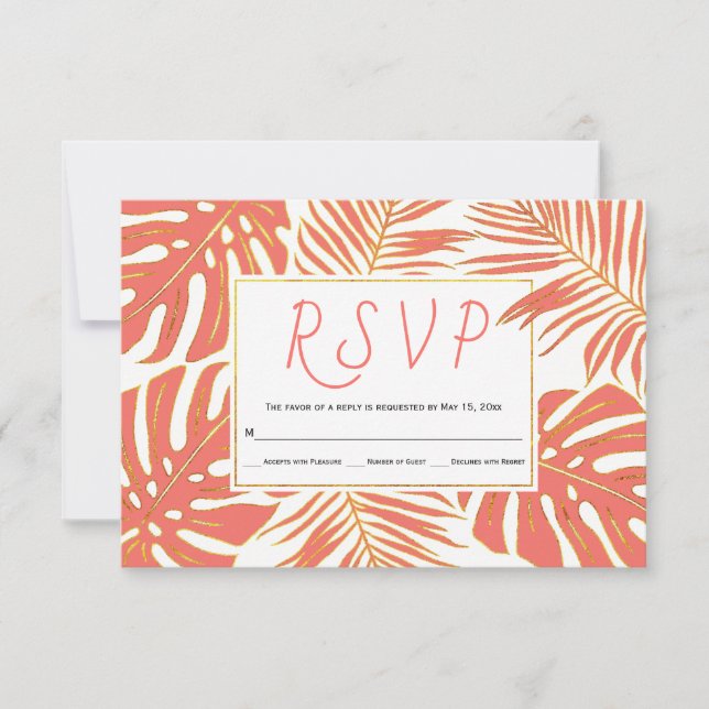 Tropical living coral and gold leaves wedding RSVP Card (Front)