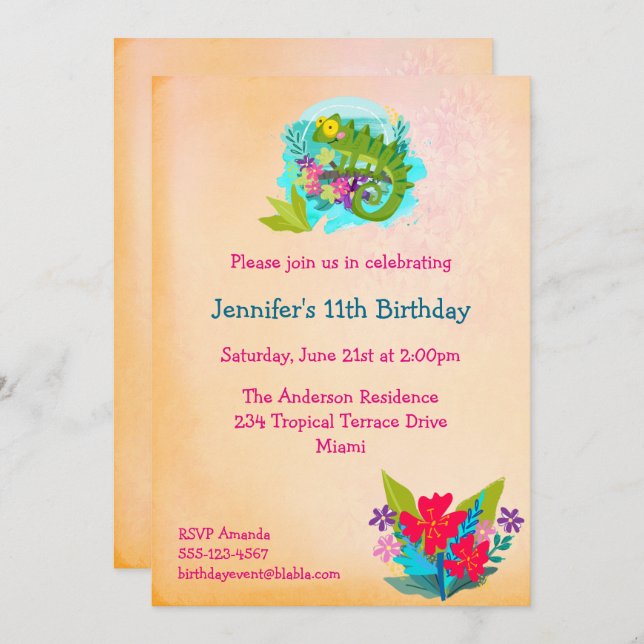 Tropical Lizard with Flowers Luau Birthday Invite (Front/Back)