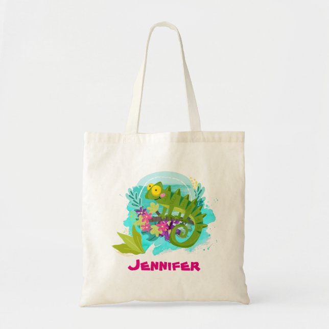 Tropical Lizard with Flowers Personalised Tote Bag (Front)