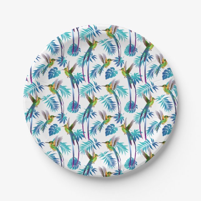 Tropical Long Tail Hummingbirds Paper Plate (Front)