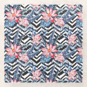 Tropical Lotus Flower Pattern Glass Coaster