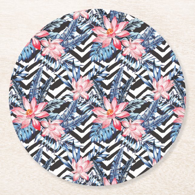 Tropical Lotus Flower Pattern Round Paper Coaster (Front)