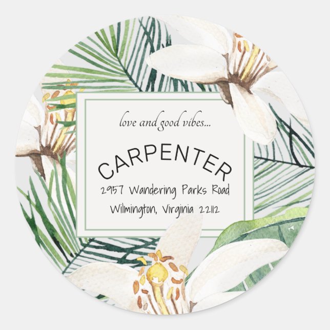Tropical Love & Good Vibes Return Address Classic Round Sticker (Front)