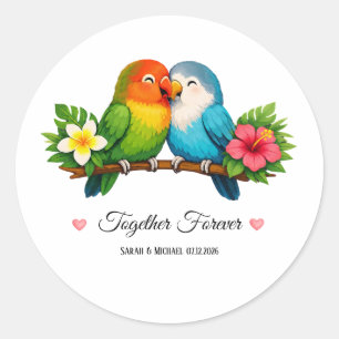 Tropical Lovebirds Wedding Together Forever  Classic Round Sticker