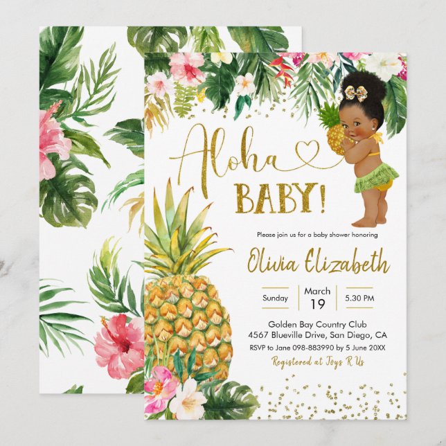 Tropical Luau African Afro Girl Baby Shower Invitation (Front/Back)