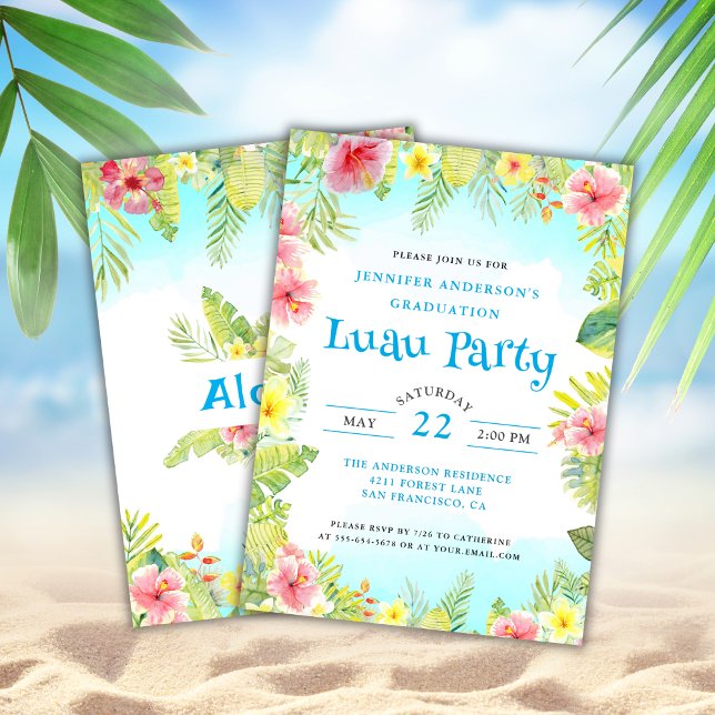 Tropical Luau Aloha Graduation Party Blue Invitation (Creator Uploaded)