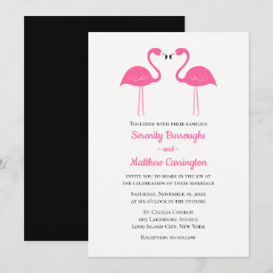 Tropical Luau Beach Black Pink Flamingo Wedding Invitation