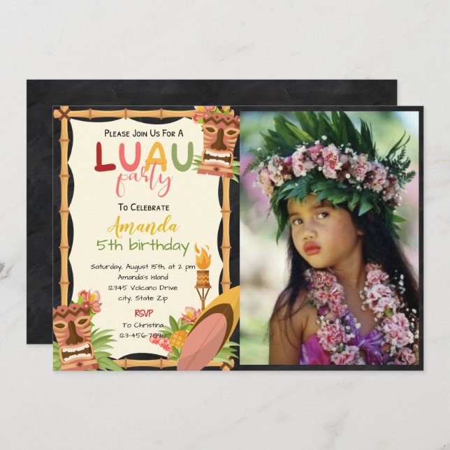 Tropical Luau Mask Birthday Invitation With Photo (Front/Back)