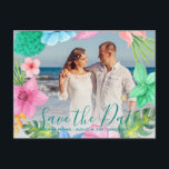 Tropical luau ocean wedding PHOTO save date script Announcement Postcard<br><div class="desc">Modern watercolor wedding save the date tropical floral postcard on dusty bluet with teal typography script with your photo.  ------- Perfect for a modern summer Hawaiian themed aloha beach,  seaside,  oceanfront,  coastal,  tropical,  nautical or destination themed wedding.  
Personalise it by uploading your photos and inserting your information!</div>