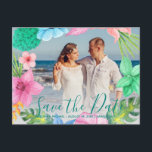Tropical luau ocean wedding PHOTO save date script Announcement Postcard<br><div class="desc">Modern watercolor wedding save the date tropical floral postcard on dusty bluet with teal typography script with your photo.  ------- Perfect for a modern summer Hawaiian themed aloha beach,  seaside,  oceanfront,  coastal,  tropical,  nautical or destination themed wedding.  
Personalise it by uploading your photos and inserting your information!</div>