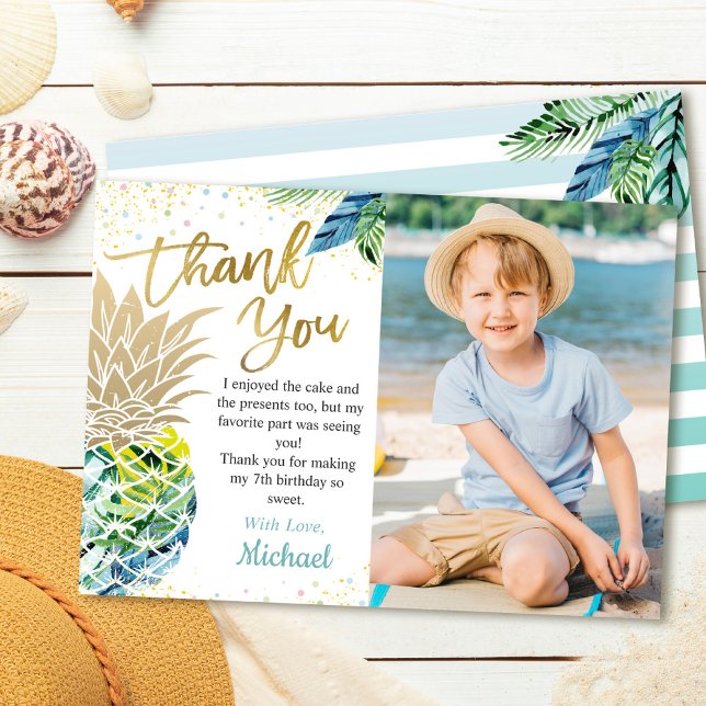 Tropical Luau Party Pineapple Beach Birthday Photo Thank You Card (Creator Uploaded)