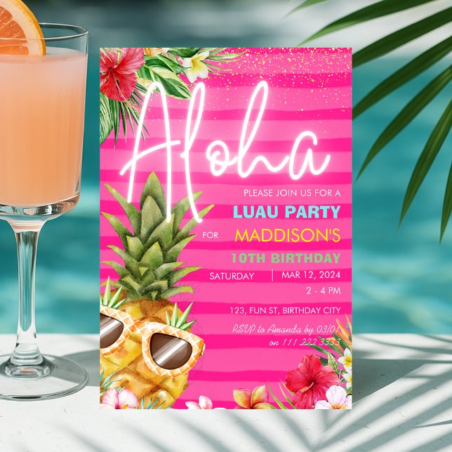 Tropical Luau Pineapple Beach Pink Girl Birthday  Invitation (Tropical Luau Pineapple Beach Pink Girl Birthday Invitation)