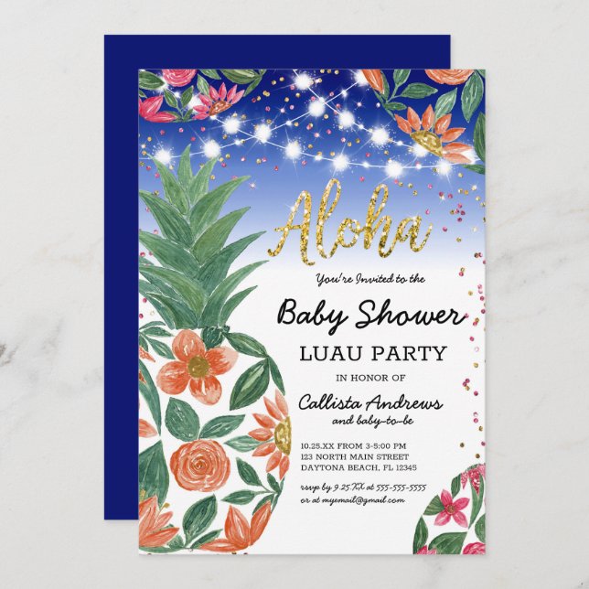 Tropical Luau Pineapple Lights Glitter Baby Shower Invitation (Front/Back)