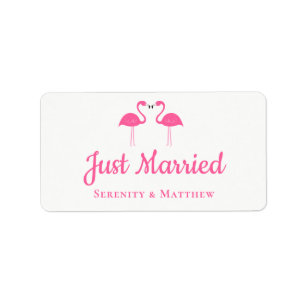 Tropical Luau Pink Flamingos Just Married Wedding Label