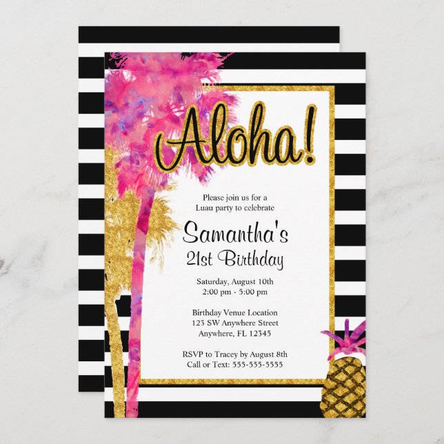 Tropical Luau Stripes 21st Birthday Invitation (Front/Back)