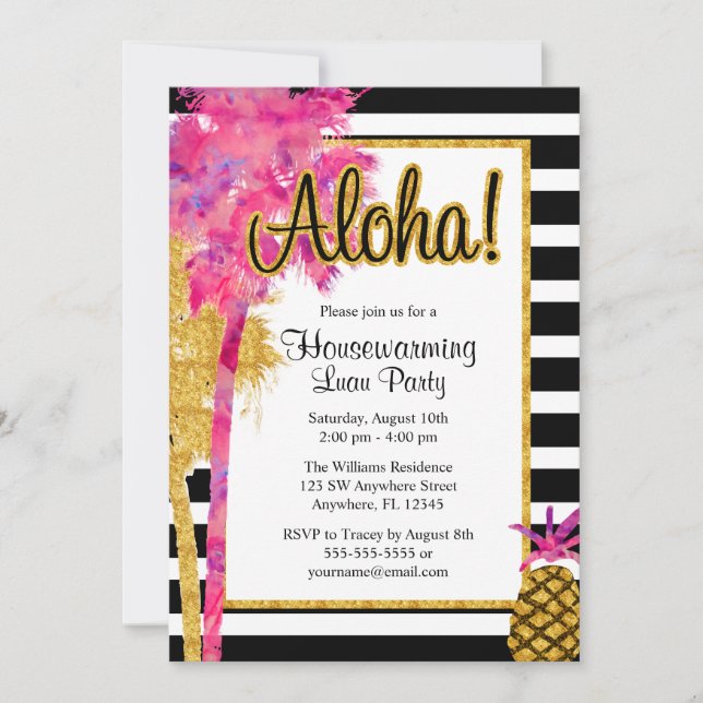 Tropical Luau Stripes Housewarming Party Invites (Front)