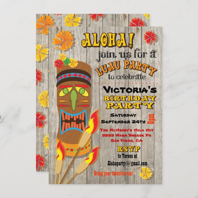 Tropical Luau Tiki Party Invitations (Front/Back)