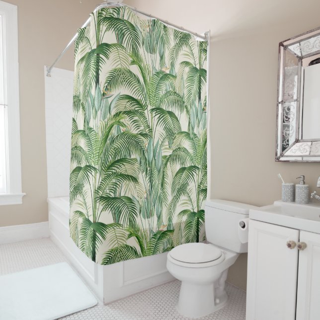 Tropical Lush Foliage Palm Leaves Pattern Shower Curtain (In Situ)