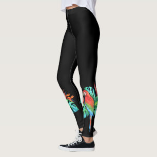Tropical Macaw Parrot on Black Leggings