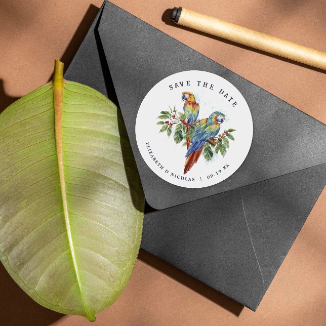 Tropical Macaw Save the Date Wedding Classic Round Sticker (Creator Uploaded)