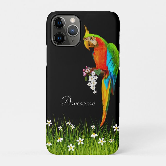 Tropical Macaw & White Flowers on Black Case-Mate iPhone Case (Back)